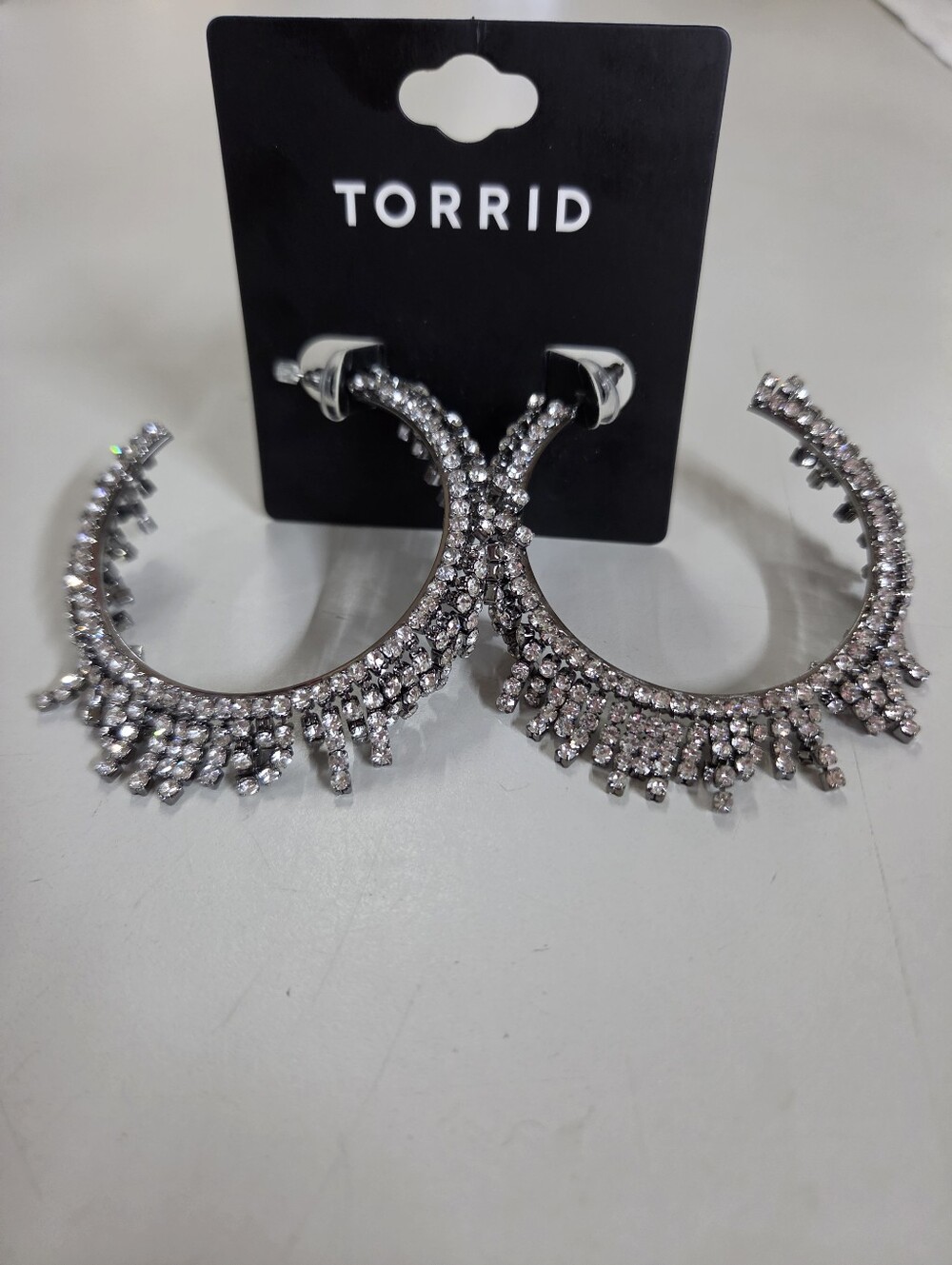 Torrid Dark Silver Sparkle Crystal Fringe Statement Hoops Never Worn
